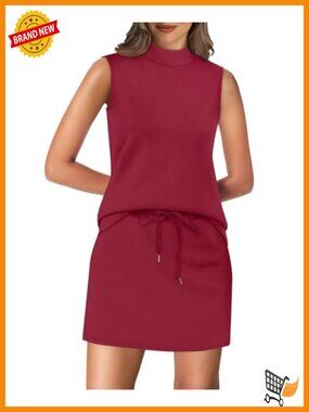 Two Piece Skirt Set Mock Neck Sleeveless Top Tennis Skirt with Built-in Shorts